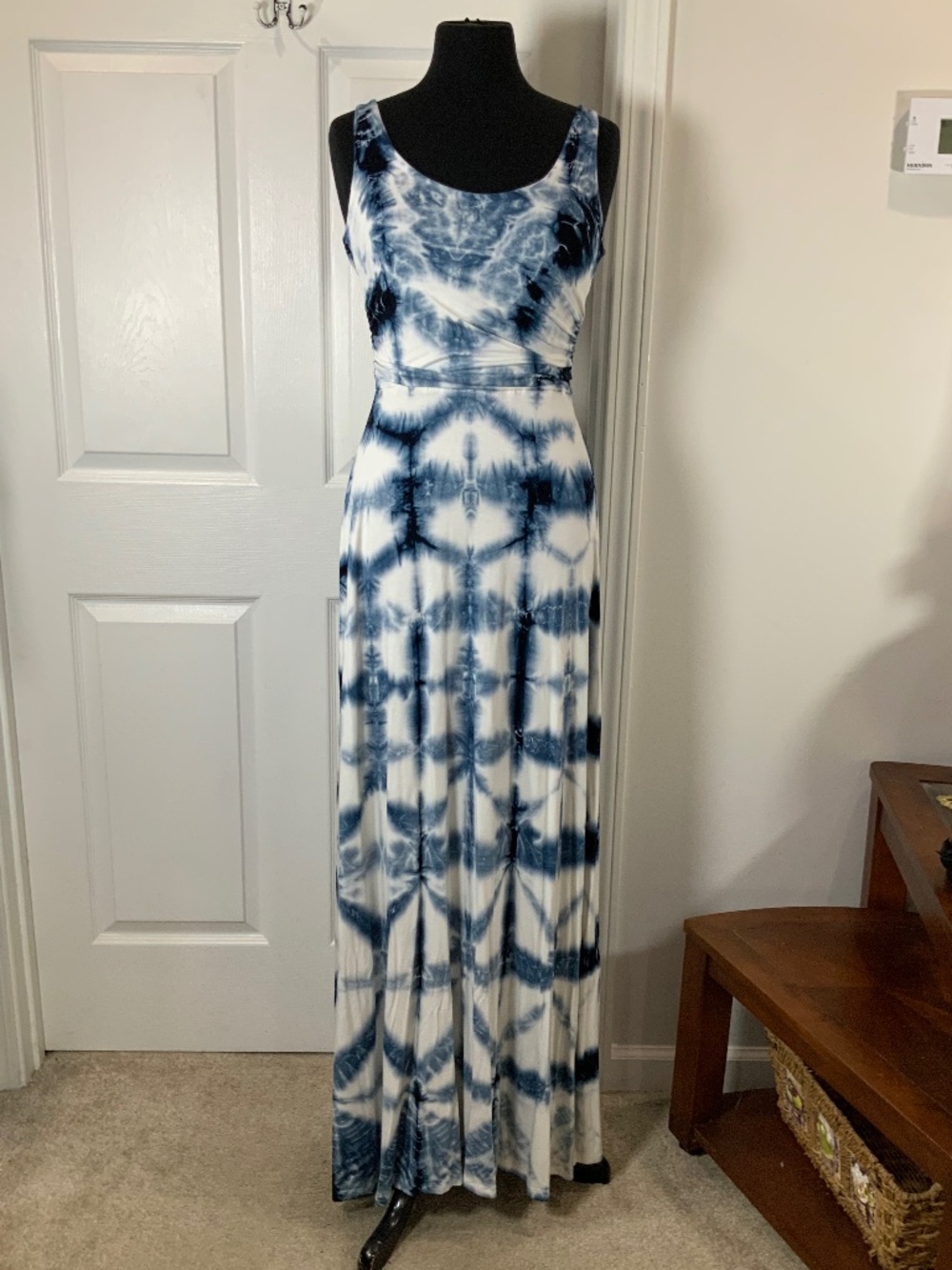 Green Dragon Blue White Tie Dye Boho Sleeveless Maxi Dress M Beach Vacation
